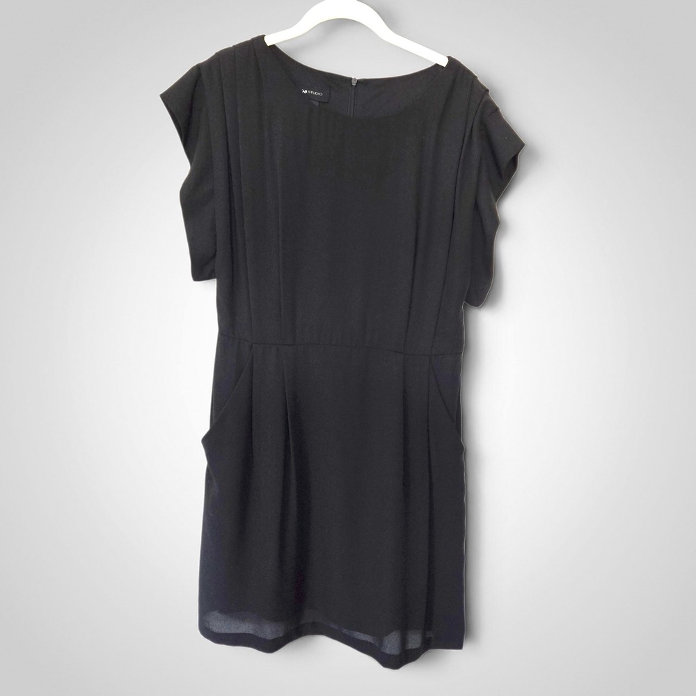 AB Studio Black Short Sleeve Pleated Shoulder Pocket Dress Large